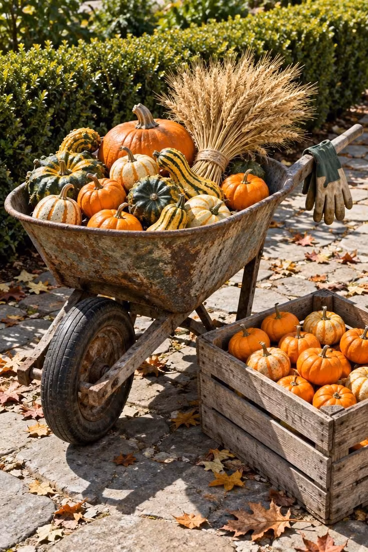 15 Cozy Halloween Decor Ideas for a Welcoming Porch 13 A weathered wheelbarrow full of pumpkins, gourds, and wheat on a flagstone walkway with a crate of mini pumpkins angled beside it.