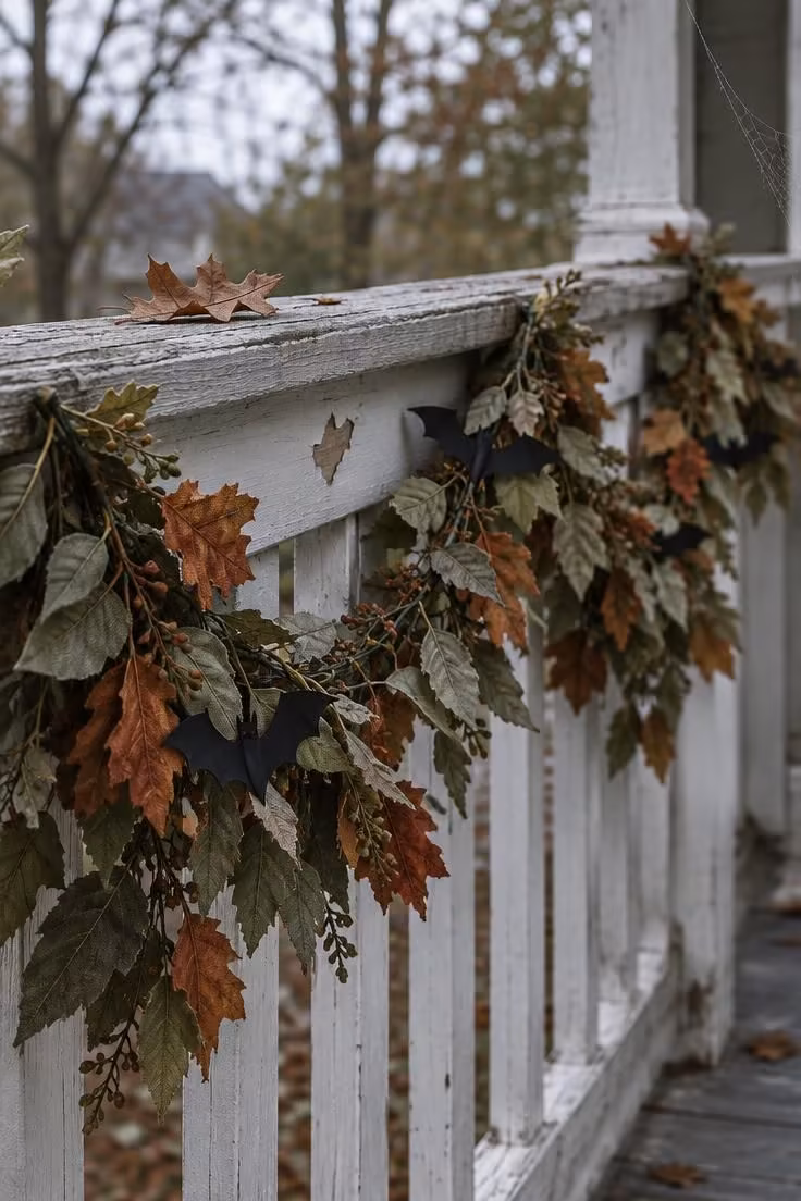 15 Cozy Halloween Decor Ideas for a Welcoming Porch 14 A faux leaf garland draped in soft swags along a weathered porch rail with small black bats tucked in at uneven intervals.