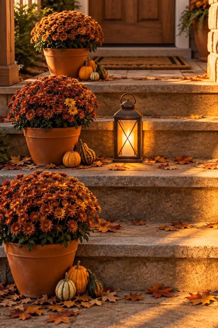 15 Cozy Halloween Decor Ideas for a Welcoming Porch 15 Three porch steps each holding a bronze chrysanthemum in a terracotta pot with small gourds at the base, staggered left-right-left, a lit lantern on the middle step.