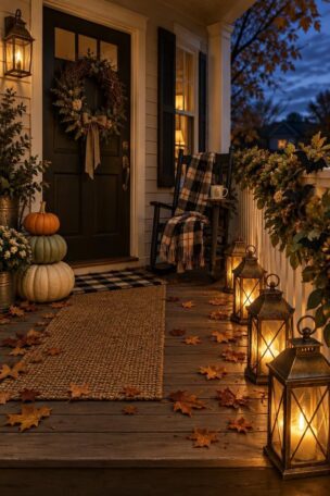 A welcoming front porch at dusk with a grapevine wreath, stacked cream and sage pumpkins, warm lanterns along the step, a leaf garland with black bats on the rail, and a plaid throw on a rocking chair.