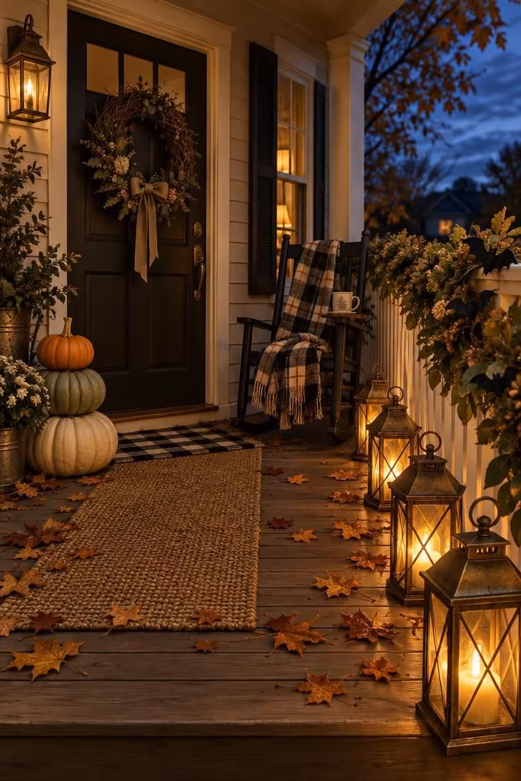 Simple Spaces 19 A welcoming front porch at dusk with a grapevine wreath, stacked cream and sage pumpkins, warm lanterns along the step, a leaf garland with black bats on the rail, and a plaid throw on a rocking chair.