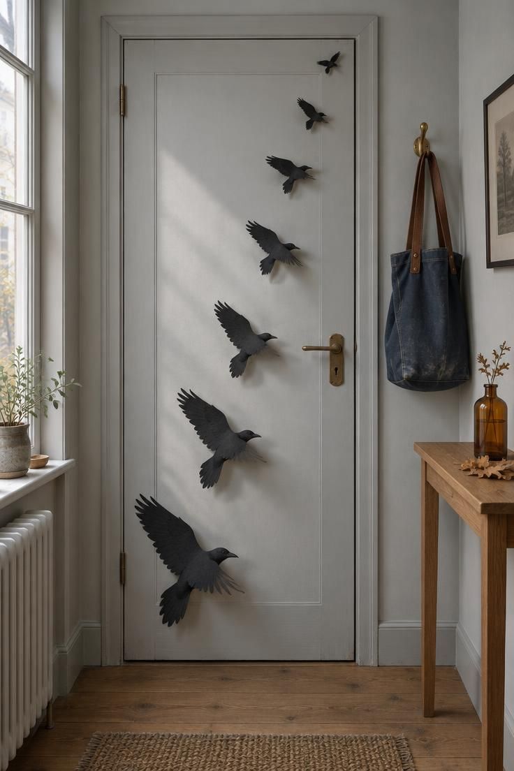 11 Fun Halloween Decor Ideas on a Budget for Small Homes 1 A pale gray interior door with seven matte black paper crows cut from cardstock arranged in a steep diagonal swoop from lower left to upper right, with a brass hook holding a navy canvas tote and a slim oak console table below.