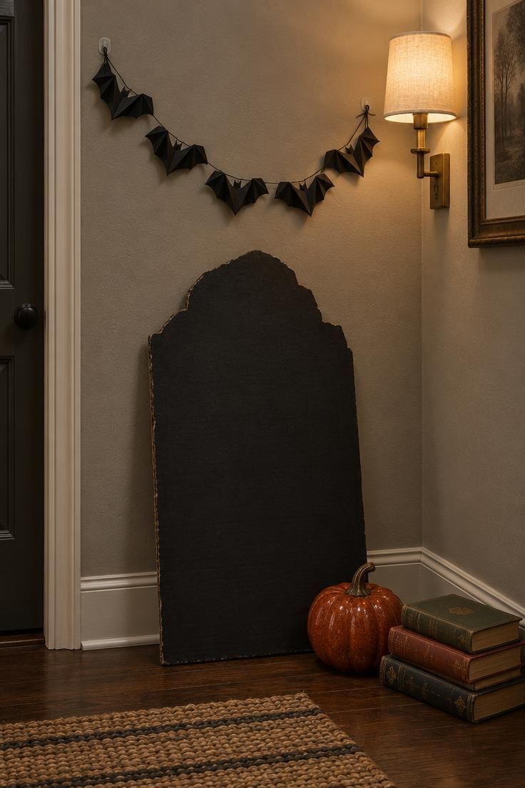 11 Fun Halloween Decor Ideas on a Budget for Small Homes 2 A matte black cardboard tombstone silhouette leaning against a wall below a folded black paper bat garland, lit by a warm plug-in wall sconce, with a rust-orange ceramic pumpkin and a stack of vintage books on the floor.