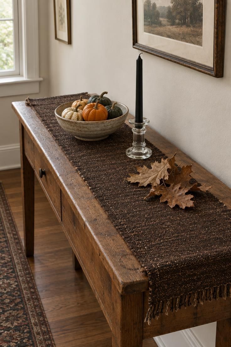 11 Fun Halloween Decor Ideas on a Budget for Small Homes 3 A dark brown fringed fabric runner on a narrow wooden console in a hallway, topped with miniature pumpkins in a ceramic bowl, a black taper in a glass holder, and dried oak leaves, lit by bright midday light.