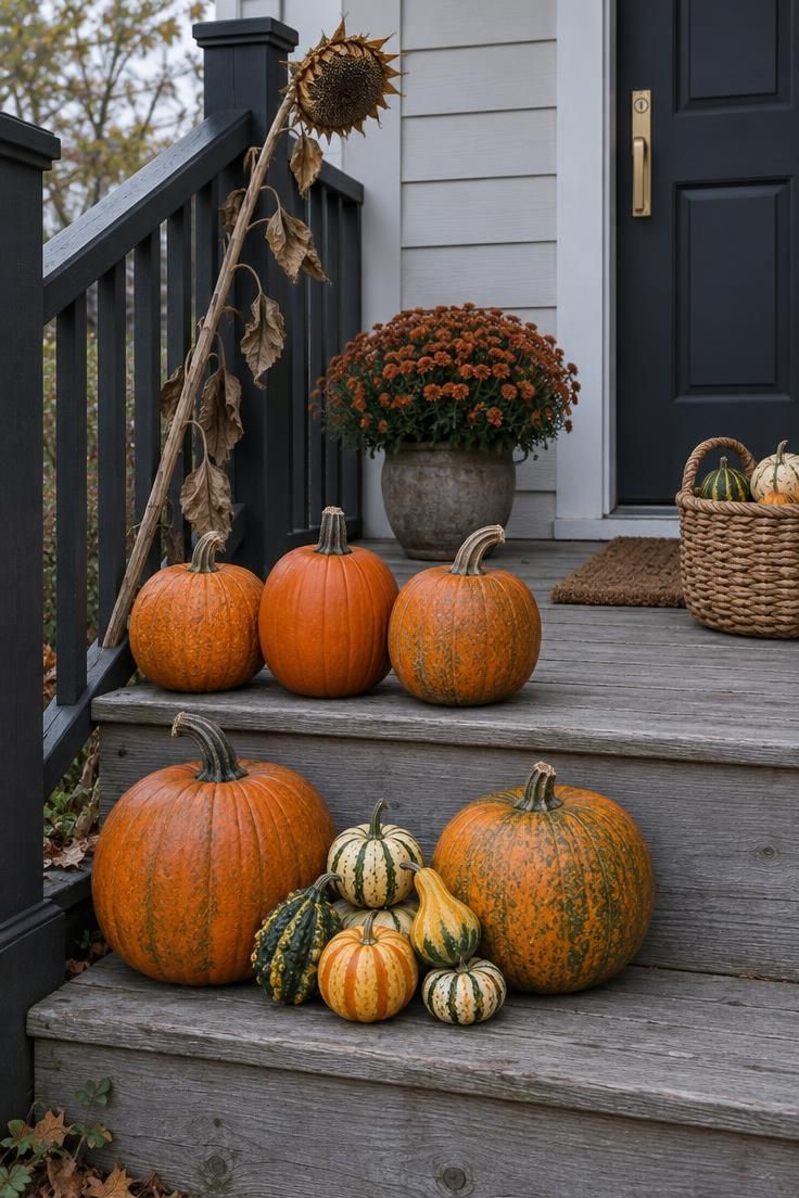 11 Fun Halloween Decor Ideas on a Budget for Small Homes 4 A small front porch with pumpkins and gourds layered across two steps, a dried sunflower stalk against the railing, a woven basket of extra gourds, a coir doormat, and a potted rust mum under cool overcast light.