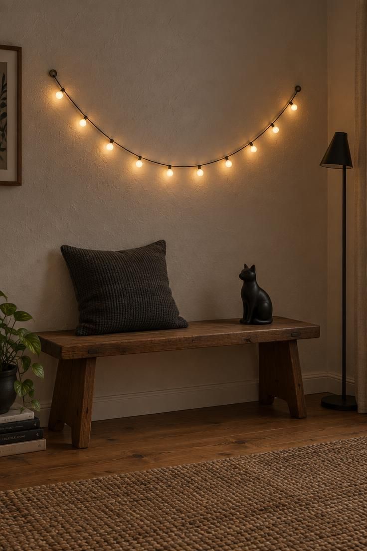 11 Fun Halloween Decor Ideas on a Budget for Small Homes 5 Warm-white string lights swagged in a shallow U on a bare pale wall above a low bench holding a dark throw pillow and a black ceramic cat, with a jute rug and a floor lamp in the corner.
