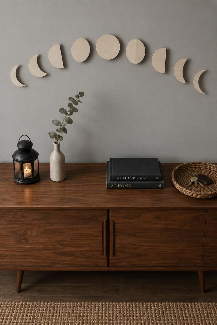 11 Fun Halloween Decor Ideas on a Budget for Small Homes 6 Nine cream paper moon phase cutouts in a shallow arc above a low wooden sideboard, with a black lantern, dried eucalyptus in a ceramic vase, dark books, and a woven tray below.