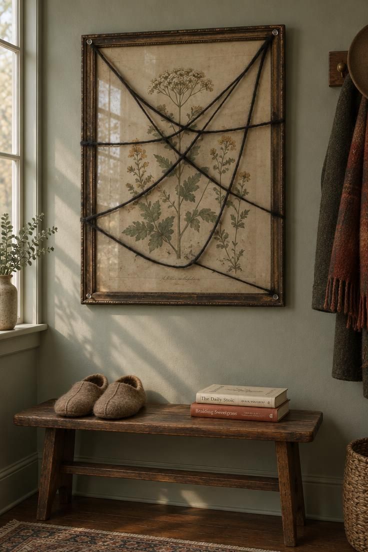 11 Fun Halloween Decor Ideas on a Budget for Small Homes 7 A framed botanical portrait on a sage wall with thin black wool strands stretched unevenly across the frame corners like a cobweb, above a wooden bench with slippers and books.