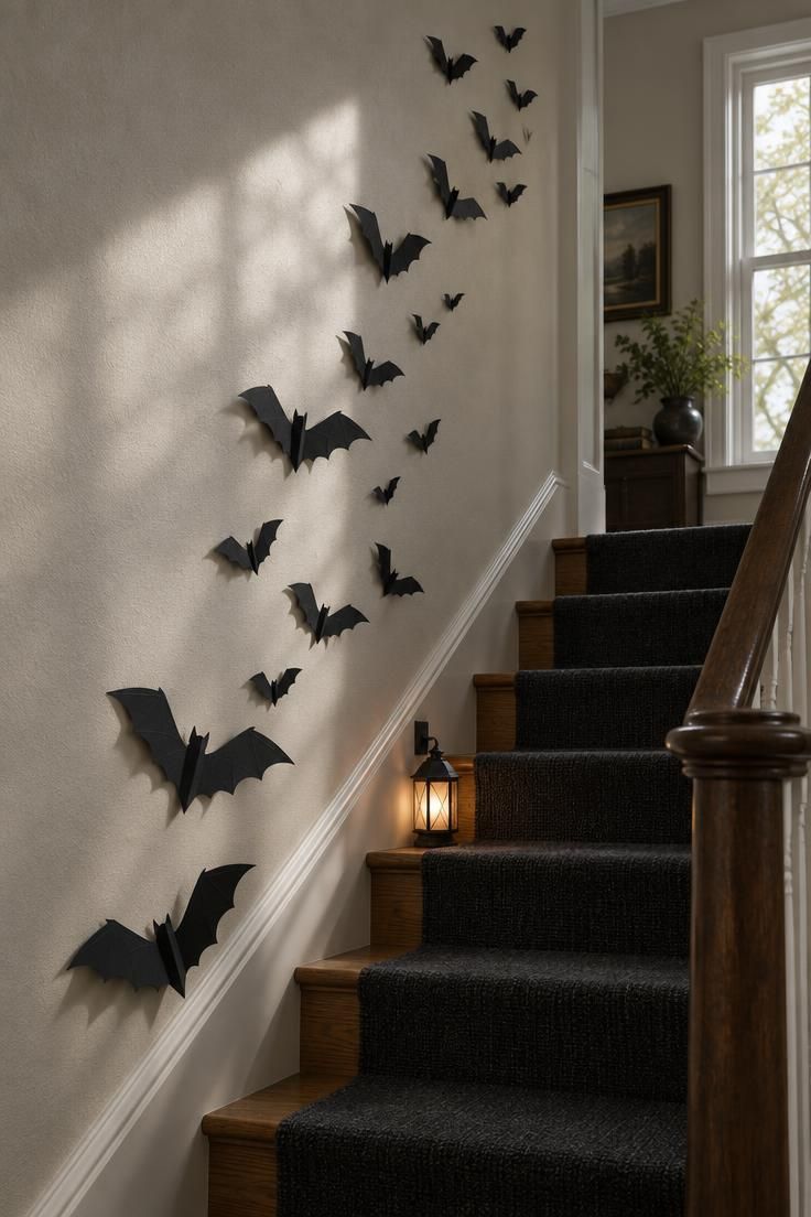 11 Fun Halloween Decor Ideas on a Budget for Small Homes 8 A spiral of black paper bats in different sizes climbing a narrow staircase wall, with lifted paper wings casting small shadows and a warm white lantern on a lower step.