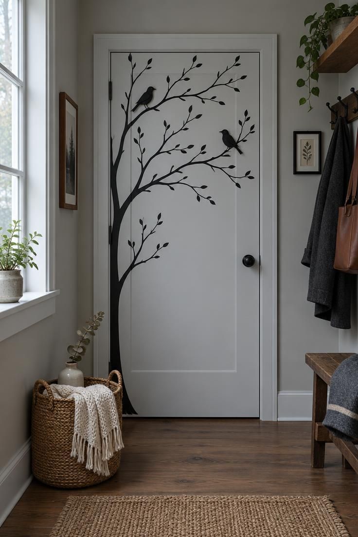 11 Fun Halloween Decor Ideas on a Budget for Small Homes 9 A pale gray door with matte black peel-and-stick tree branches arcing across the upper half, two small paper crows perched on twigs, and a woven basket with a cream throw beside it.