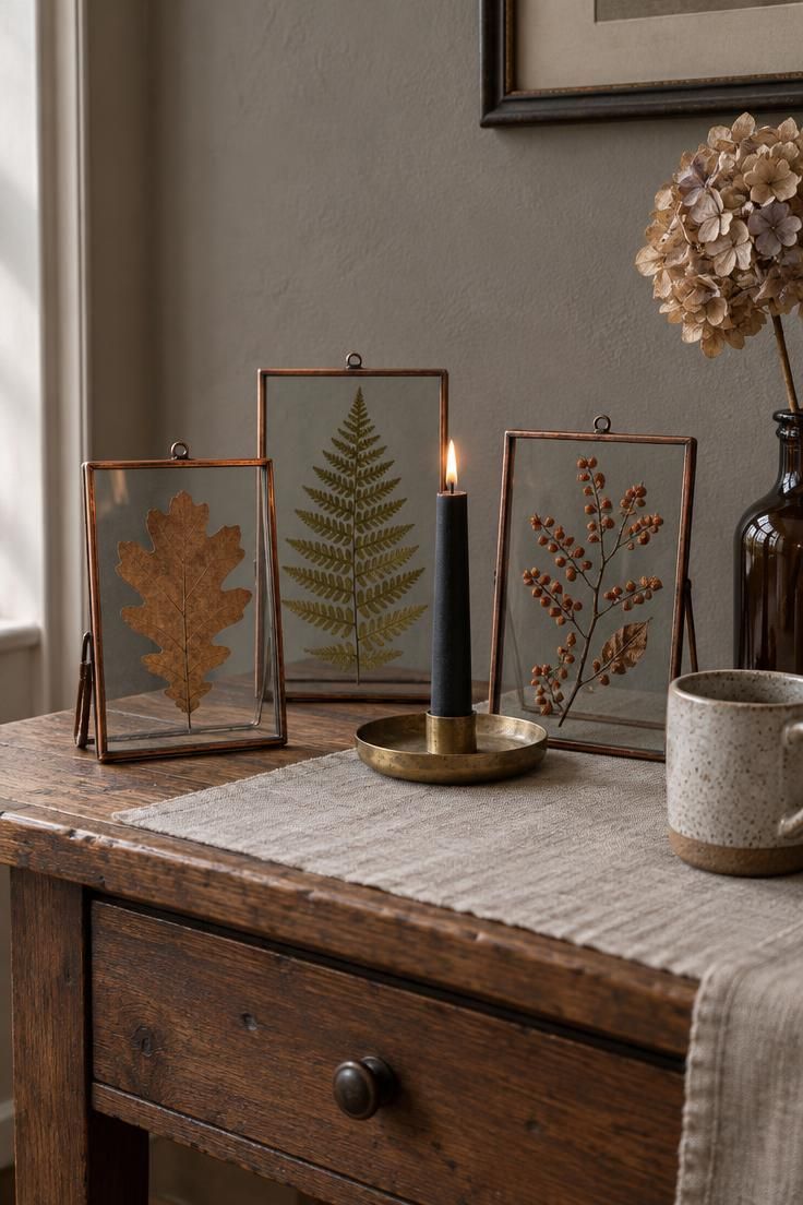 11 Fun Halloween Decor Ideas on a Budget for Small Homes 10 Three small copper-framed glass frames holding a pressed oak leaf, fern frond, and dried bittersweet on a wooden side table, with a brass dish and black taper, linen runner, ceramic mug, and dried hydrangea nearby.