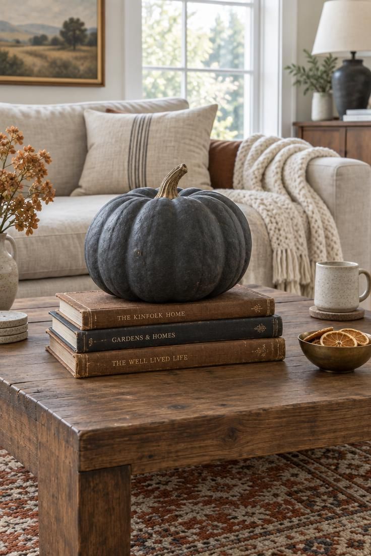 11 Fun Halloween Decor Ideas on a Budget for Small Homes 11 An oversized matte charcoal pumpkin on a stack of vintage books on a low coffee table, with a cream knit throw on a linen sofa, a rust and bone wool rug, a ceramic mug, and a brass bowl of dried orange slices.