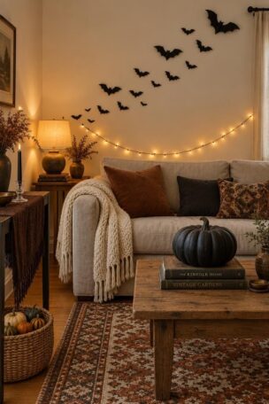 A small cozy living room with black paper bats arcing above a linen sofa, warm-white string lights on the wall, an oversized charcoal pumpkin on books on a low table, a fringed brown runner on a console, a basket of gourds, and a rust and bone wool rug.