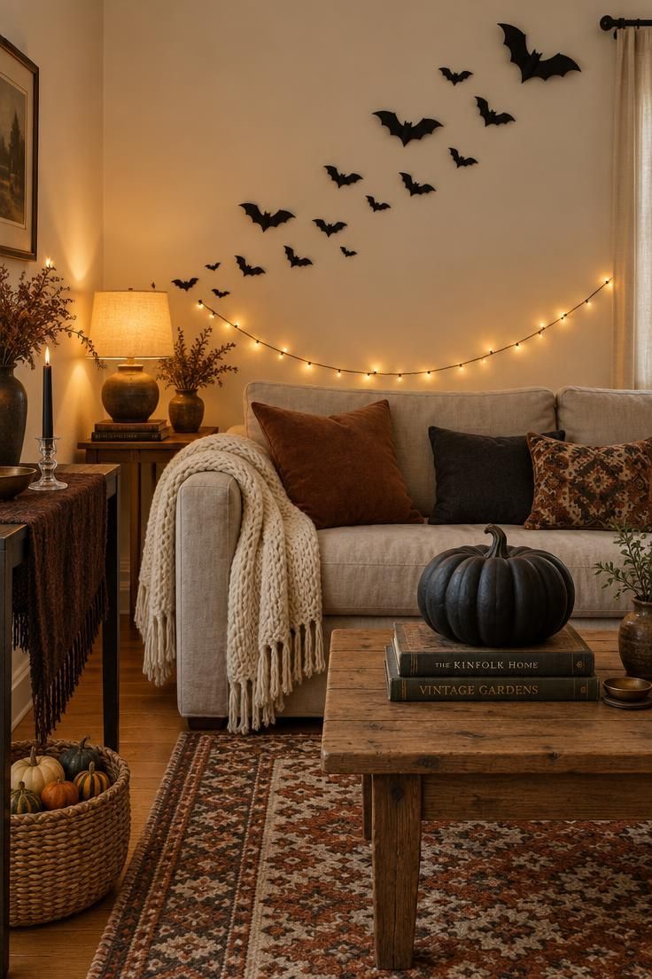 Simple Spaces 24 A small cozy living room with black paper bats arcing above a linen sofa, warm-white string lights on the wall, an oversized charcoal pumpkin on books on a low table, a fringed brown runner on a console, a basket of gourds, and a rust and bone wool rug.