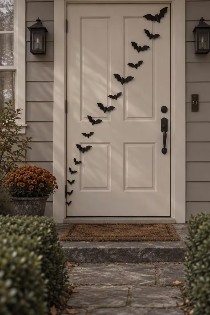 10 Charming Halloween Door Decor Ideas with Real Curb Appeal 1 Matte black paper bats arranged in a rising diagonal across a cream paneled front door, seen from the front walk under overcast daylight.