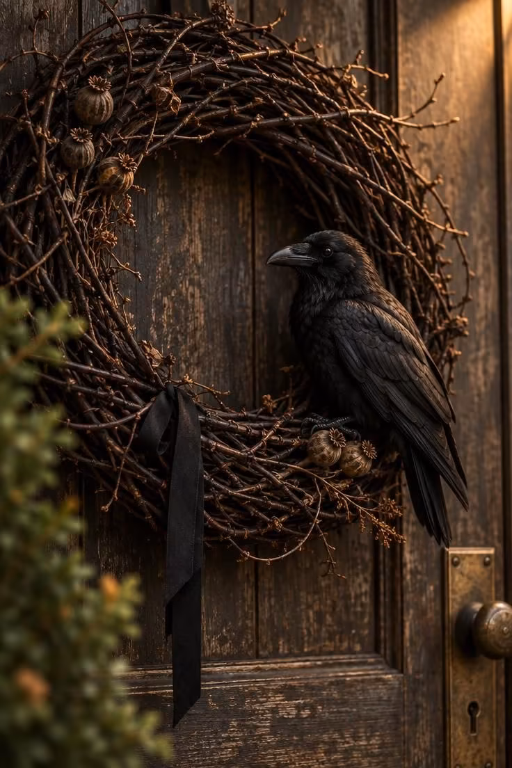 10 Charming Halloween Door Decor Ideas with Real Curb Appeal 2 Dark twig wreath hung off center on a wood door with a single black raven perched on its lower right side.