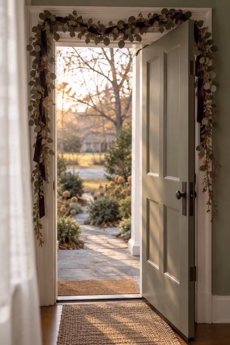 10 Charming Halloween Door Decor Ideas with Real Curb Appeal 3 Dried eucalyptus garland framing a doorway with the door face left completely bare, viewed from inside the threshold.