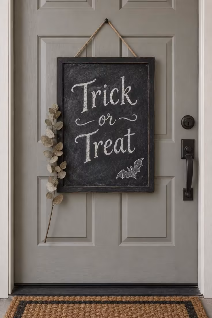 10 Charming Halloween Door Decor Ideas with Real Curb Appeal 4 Black-framed chalkboard sign with hand-lettered trick or treat text and a small chalk bat hung centered on a neutral door.