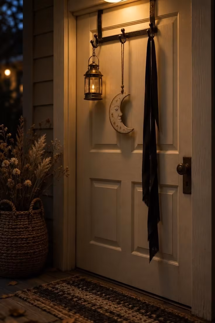 10 Charming Halloween Door Decor Ideas with Real Curb Appeal 5 Three elements suspended at different drop lengths from an over-door hanger, including a small lantern, a painted moon, and black ribbon.