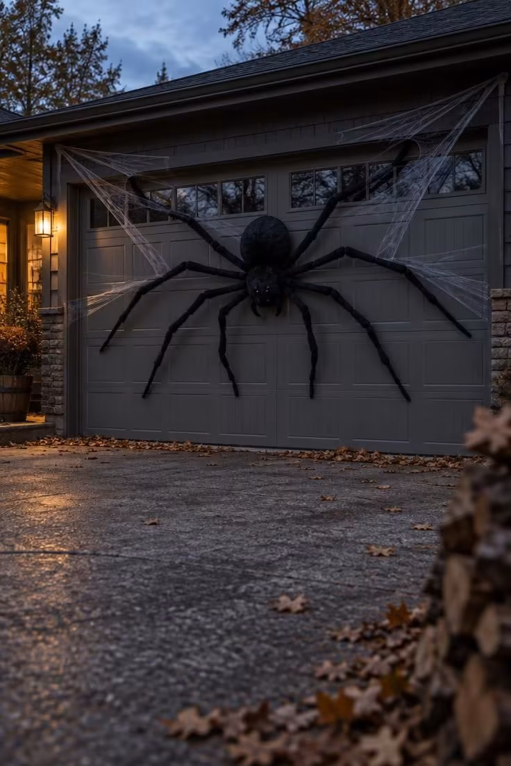 10 Charming Halloween Door Decor Ideas with Real Curb Appeal 6 Large black felt spider with jointed legs across a wide garage door with thin stretched faux webbing radiating toward the corners.