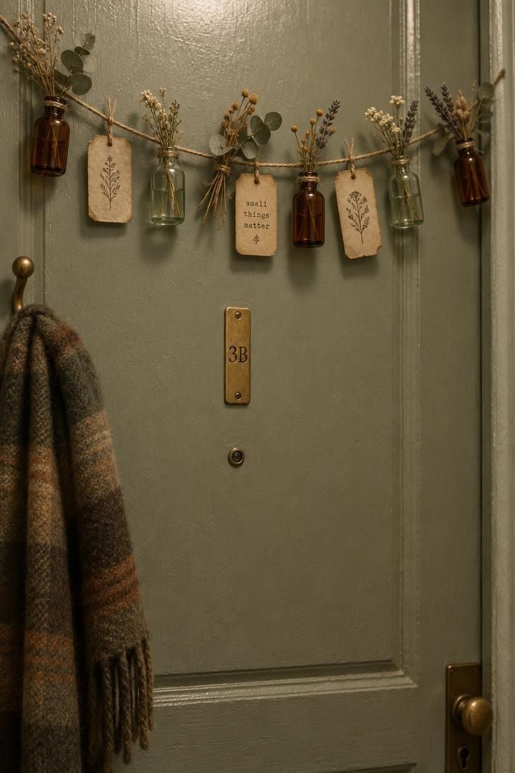 10 Charming Halloween Door Decor Ideas with Real Curb Appeal 7 Short garland of small glass bottles and aged paper tags across the upper third of a narrow apartment door with dried stems between them.
