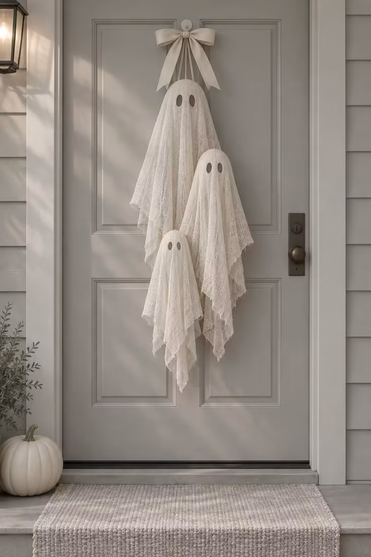 10 Charming Halloween Door Decor Ideas with Real Curb Appeal 8 Three draped cheesecloth ghosts in graduated sizes on a light gray door with a single pale ribbon bow, all in ivory and cream tones.