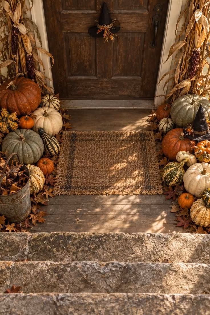10 Charming Halloween Door Decor Ideas with Real Curb Appeal 9 Two massed groups of heirloom pumpkins and gourds in rust and sage tones beside a doormat with dried corn stalks at the door frame.