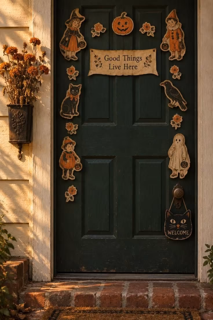 10 Charming Halloween Door Decor Ideas with Real Curb Appeal 10 Reproduced vintage die-cut Halloween figures in faded orange and cream arranged around an aged paper banner on a dark green door.