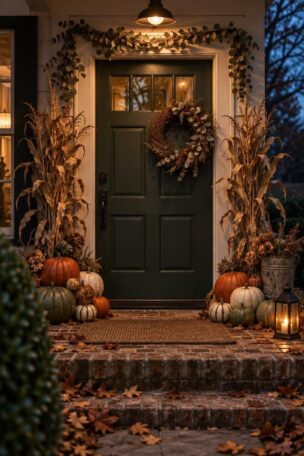 Cozy autumn front entry at dusk with a twig wreath, dried garland, heirloom pumpkins, and a glowing lantern on the step.