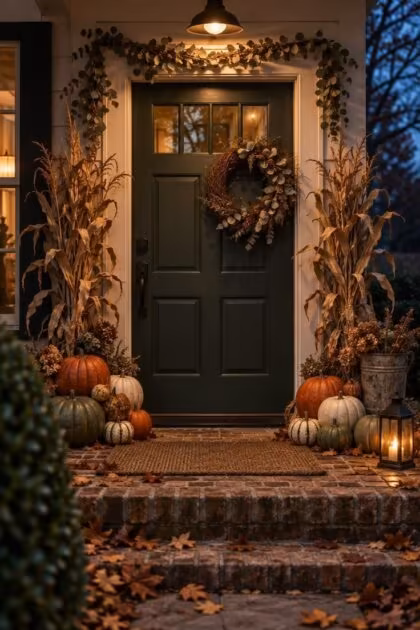 10 Charming Halloween Door Decor Ideas with Real Curb Appeal Cozy autumn front entry at dusk with a twig wreath, dried garland, heirloom pumpkins, and a glowing lantern on the step.