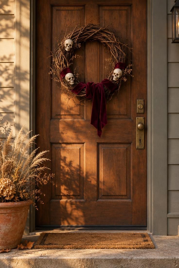 Grapevine wreath wrapped in burgundy velvet ribbon with small matte skulls on a rustic wood front door, flanked by a planter on the step in warm golden light.