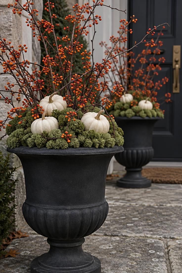 Close-up of a matte-black urn with reindeer moss, white pumpkins, and dried bittersweet, with a matching urn softly out of focus behind it.