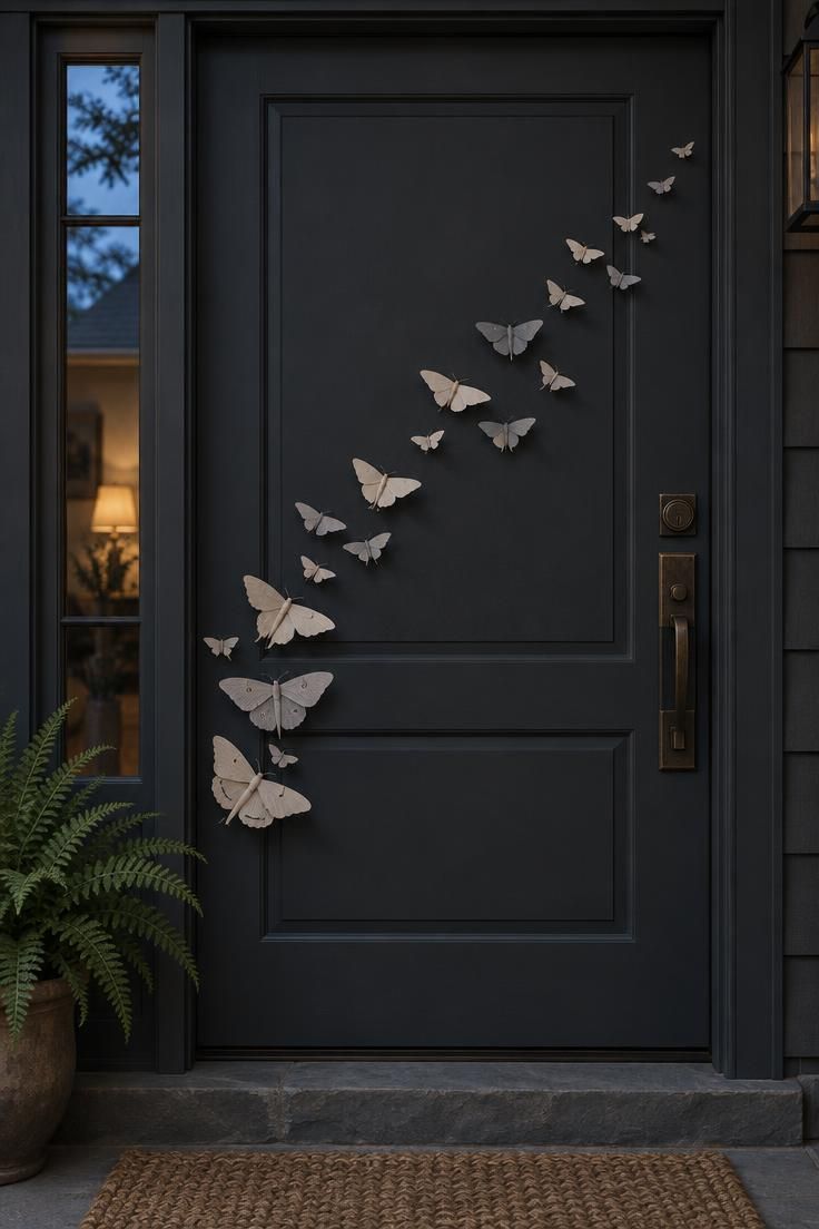 Pale paper moth silhouettes drifting across a dark charcoal front door, visible in soft moody threshold light.
