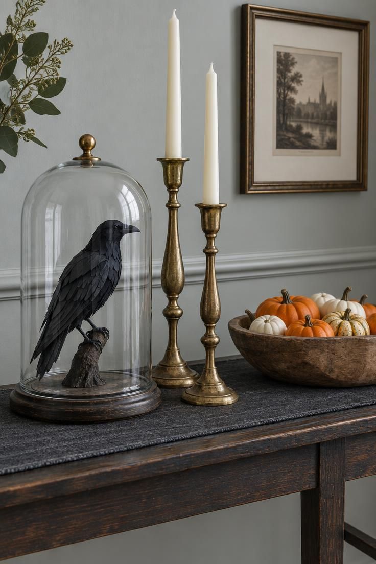 Narrow console styled with a glass cloche over a paper raven, brass candlesticks, and a wooden bowl of miniature pumpkins.