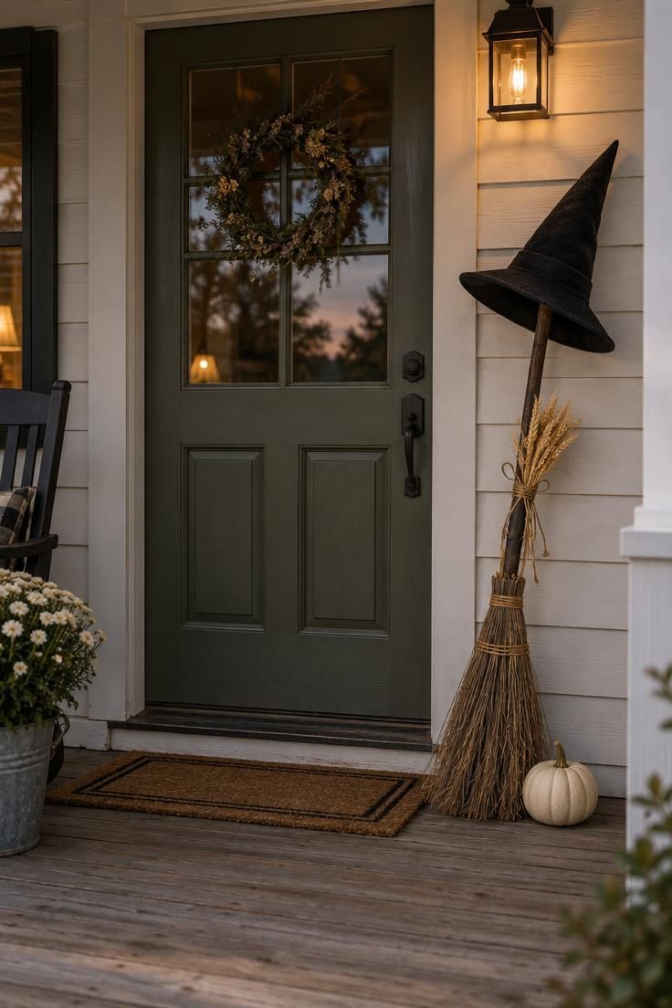 A weathered wooden broom leaning against the right side of a front door with a black witch hat perched on the handle, a bundle of dried wheat tied near the top, and a small white pumpkin at the base.