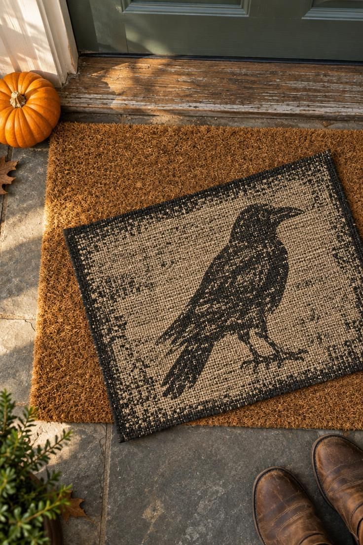 Overhead view of a natural coir doormat with a smaller black-and-cream crow-print mat layered on top at a front threshold.