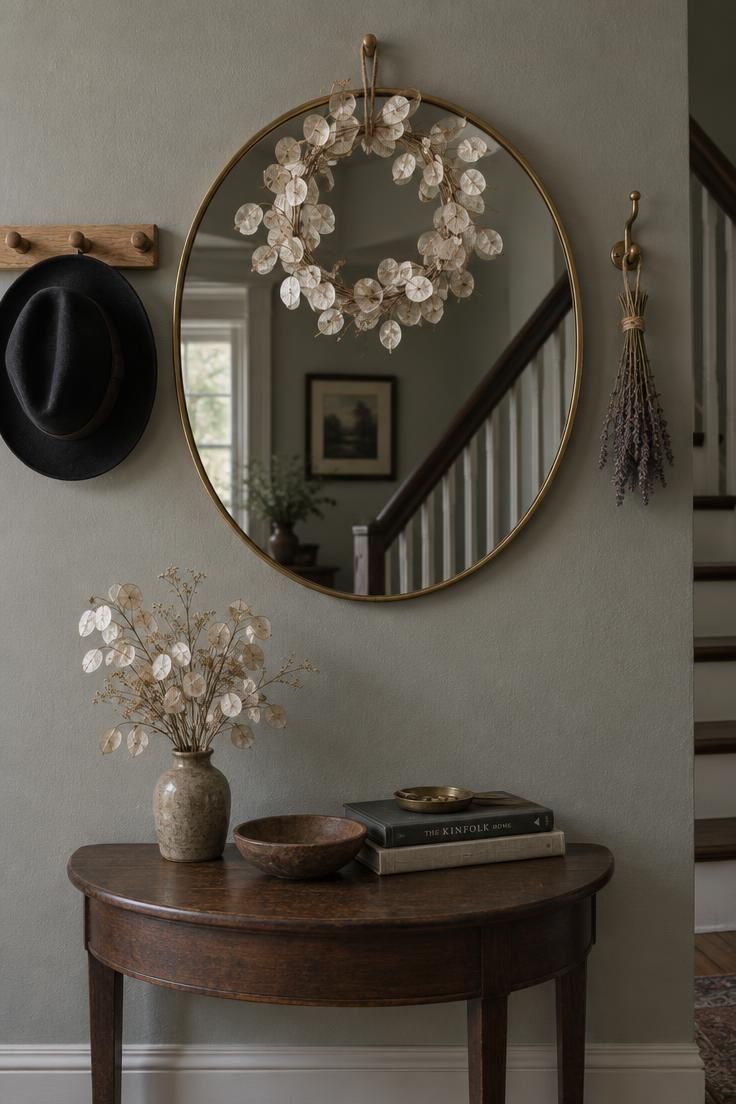 Round foyer mirror with a dried lunaria wreath, flanked by a wood hook rail with a felt hat and a brass hook with a dried bundle.