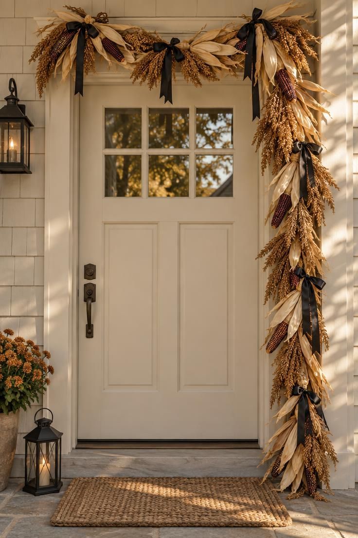 Dried corn husk and broom corn garland draped across a cream front doorframe, trailing down one side with black satin ribbon accents.