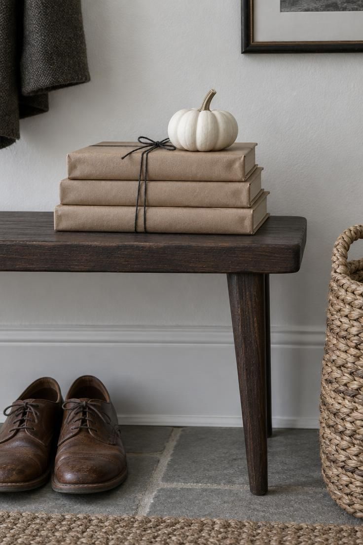 Narrow entry bench with a stack of kraft-wrapped books tied in black twine, topped by a single miniature white gourd.