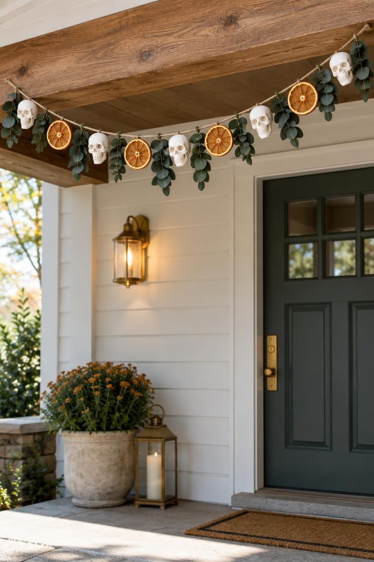 Garland of small white faux skulls, dried orange slices, and dark eucalyptus draped along a porch beam on a covered entry.