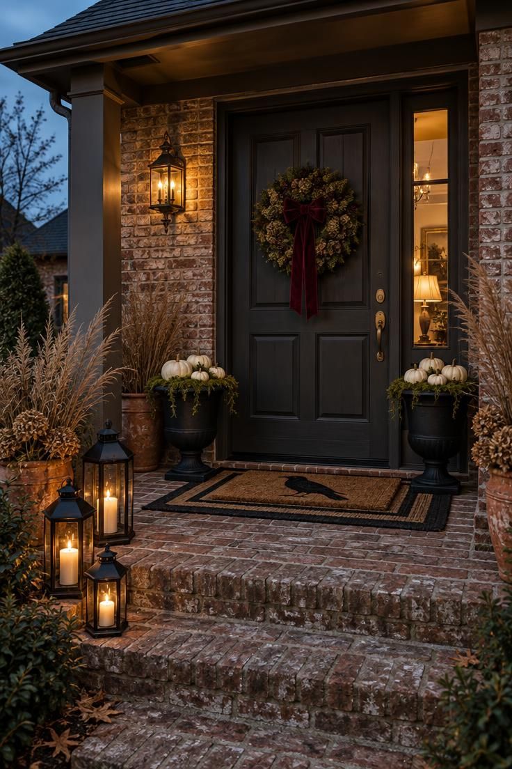 Cozy covered front entry at dusk with a burgundy ribbon wreath, black urns, staggered lanterns on the steps, and a layered crow-print doormat.