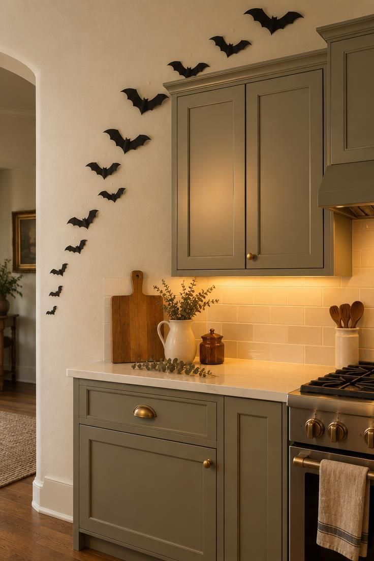 11 Cozy Halloween Kitchen Decor Ideas That Feel Like Fall 1 Matting black paper bats arranged in a rising line across a warm white kitchen wall above the cabinets.