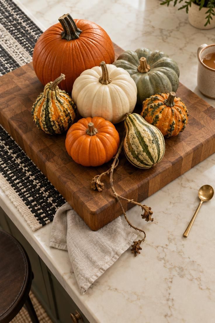 11 Cozy Halloween Kitchen Decor Ideas That Feel Like Fall 2 Wooden board on a kitchen island end holding a mixed pumpkin and gourd cluster with a tucked linen runner.