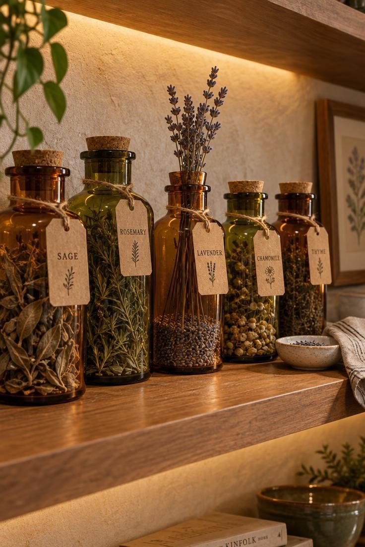 11 Cozy Halloween Kitchen Decor Ideas That Feel Like Fall 3 Corked glass apothecary bottles with handwritten tags lined on a warm wood open kitchen shelf.