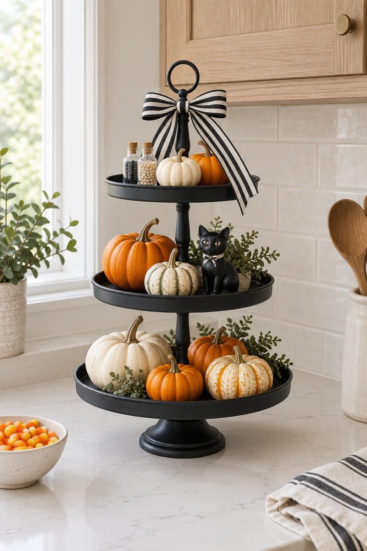 11 Cozy Halloween Kitchen Decor Ideas That Feel Like Fall 4 Black three-tier stand in a kitchen corner styled with mini pumpkins, striped ribbon, and small Halloween objects.