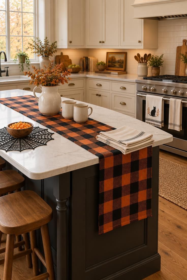 11 Cozy Halloween Kitchen Decor Ideas That Feel Like Fall 5 Kitchen island with a black-and-orange buffalo check runner, cream napkins, and a black cat towel on the oven handle.