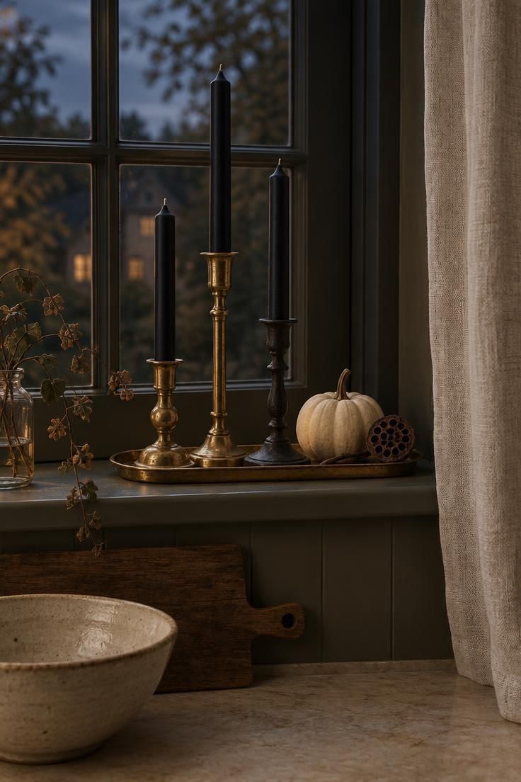 11 Cozy Halloween Kitchen Decor Ideas That Feel Like Fall 6 Matte black taper candles in mismatched brass holders on a narrow brass tray under a kitchen window.