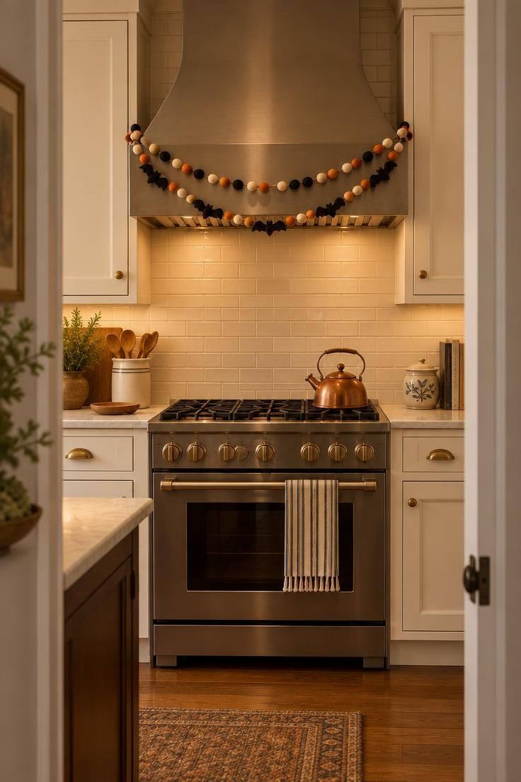11 Cozy Halloween Kitchen Decor Ideas That Feel Like Fall 7 Felt ball garland in black, cream, and burnt orange swagged across the front of a kitchen range hood.