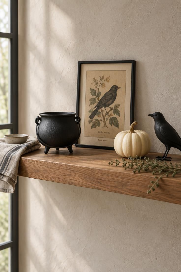11 Cozy Halloween Kitchen Decor Ideas That Feel Like Fall 8 Kitchen shelf styled with a small black cauldron, framed print, cream mini pumpkin, and black bird figurine.