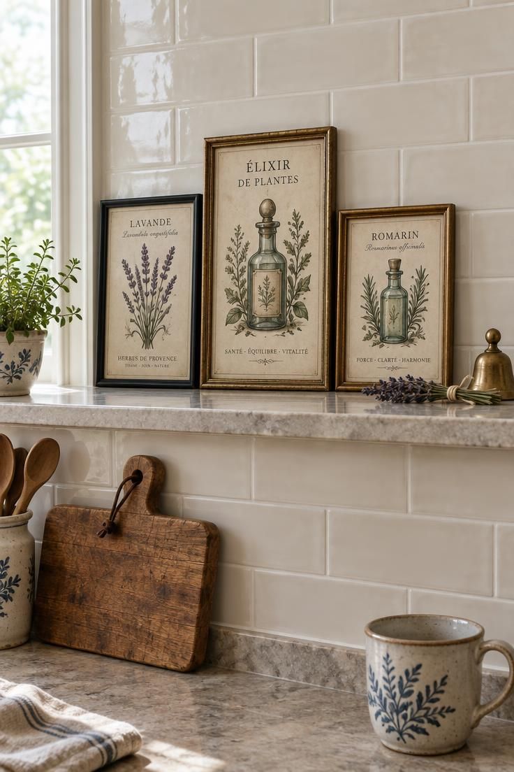 11 Cozy Halloween Kitchen Decor Ideas That Feel Like Fall 9 Three small framed potion labels leaning against a cream backsplash on a narrow kitchen ledge.